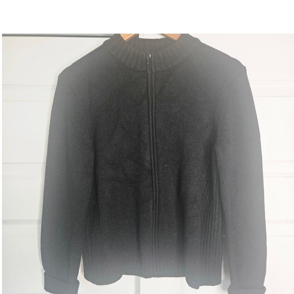 Jones New York Heavy Knit Zip Up Cardigan Sweater Black Mock Neck - Size S/M